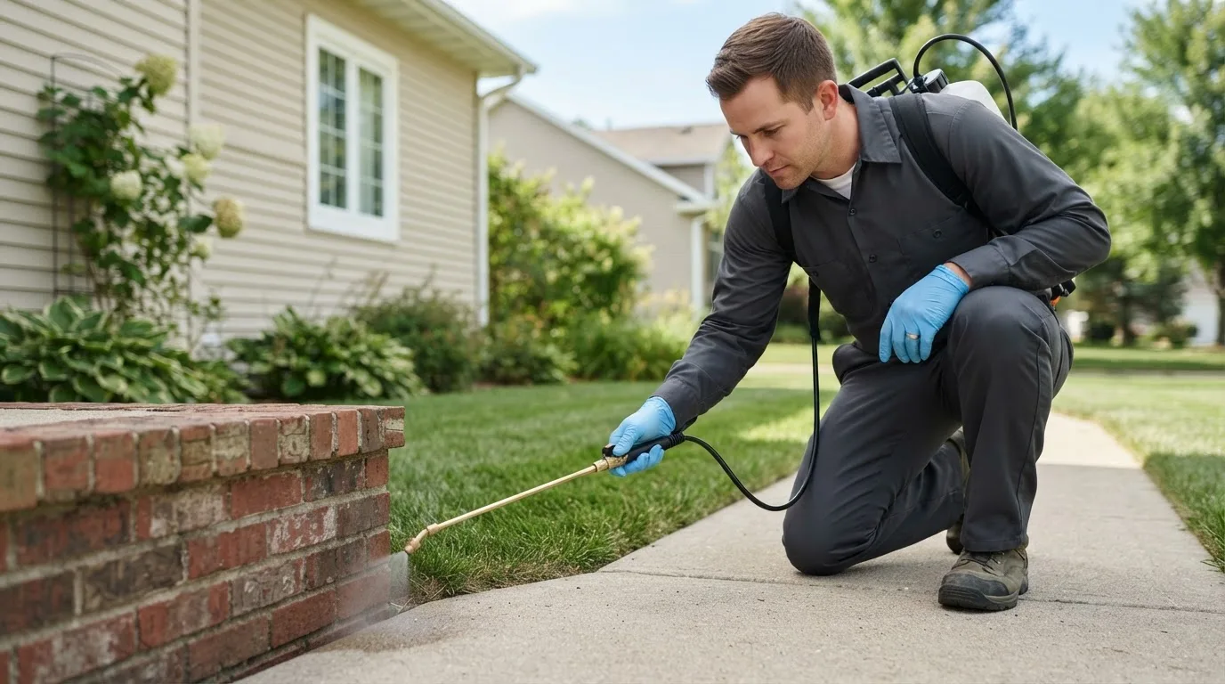 Pest control technician treating a home near East Alton, IL