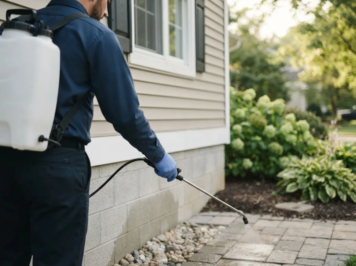 Pest control technician inspecting a home in East Alton, IL